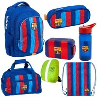 GOLDKIDS Schulranzen für Jungen und Mädchen, 7er-Set - (Schul-Rucksack für, 1-tlg., Kinder mit Schlampermäppchen), Schuhbeutel Trinkflasche und Brotdose- FC Barcelona
