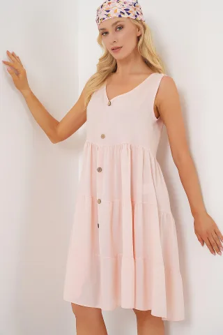 V-Ausschnitt ärmelloses Minikleid mit Knopfdetails