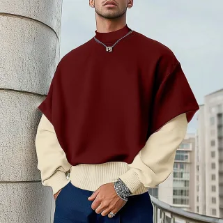 INCERUN Mens False Two-Piece Patchwork Long-Sleeve Pullover Hoodies Comfy Crew Neck Top for Male