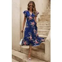 FS Collection Wickelkleid Damen Midi-Wickelkleid mit V-Ausschnitt und Rüschenärmeln - Midikleid (XS (EU:36 / UK:8) · S (EU:38 / UK:10) · M (EU:40 / UK:12) · L (EU:42 / UK:14) · XL (EU:44 / UK:16), 4 Farben : Schwarz, Grün, Dunkelblau und Marineblau) 