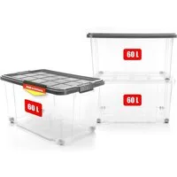 BigDean Aufbewahrungsbox 60 L mit Deckel groß – robuste Stapelbox rollbar mit Klickverschlüssen (Set, 3 St., Aufbewahrungsbox + Deckel + Rollen), Sicher Stapelbar, Platzsparend, Transparent, Rollen, Klickverschlüsse