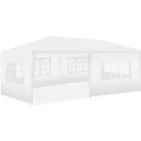 tectake Pavillon Rattan Gartenzelt 6 x 3 m, inklusive Spannseilen und Heringen, mit 5 Seitenteilen, (Partyzelt Novara, in weiß), im Stecksystem, 5 abnehmbare Seitenteile, mit UV-Schutz, wasserdicht
