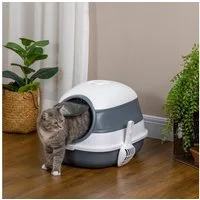 PawHut Katzentoilette mit Deckel, Deodorant, Bodengitter, Streuschaufel, Weiß+Grau,52L x 41B x 38H cm