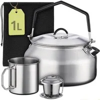 Praknu Reise-Wasserkocher Camping Wasserkocher Set 1L Edelstahl - Ohne Strom - Wasserkessel, 1 l, Stapelbar, kompakt, spülmaschinenfest, hitzebeständiger Griff