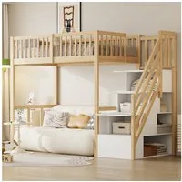 Merax Hochbett (viel Platz unter dem Bett, 1-St., Etagenbett Jugendbett Einzelbett, stabil & platzsparend) Kiefer Kinderbett 90x200cm mit Stauraumtreppe & Sicherheitsgeländer