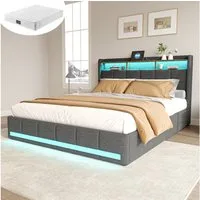 Furnishings Home Polsterbett Stauraumbett Doppelbett Jugendbett (7-Zonen Federkernmatratze), Mit LED-Beleuchtung, Matratze, USB & TYPE-C, Leinen, 140x200 cm