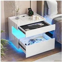 LVSOMT Nachttisch LED Nachttisch mit Ladestation, 2 Schubladen, 3 Farben Licht (1-St), 55x40x50cm, weiß