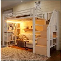 Flieks Hochbett Metallbett 90x200cm mit LED-Leiste, Regale, Treppe und Schutzgitter