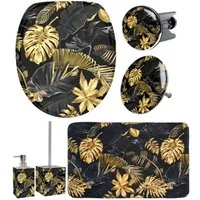 Sanilo Badaccessoire-Set 6-teilig Golden Leaves, WC-Sitz mit Absenkautomatik, Badteppich 70 x 110 cm, Waschbeckenstöpsel, Badewannenstöpsel, Seifenspender, WC-Bürste, 6 tlg., hochwertig & modern, universell, leichte Montage