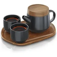 Arendo Teeservice Keramik Teekannen Set 0,6 L, modernes japanisches Design mit Teesieb (5-tlg), 2 Personen, Porzellan / Keramik, Porzellan, Teekanne mit Deckel Untersetzer 2 Teetassen & Tablett