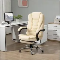 HOMCOM Schreibtischstuhl mit Fußstütze, Neigefunktion, höhenverstellbarer (Chefsessel, 1 St), Drehstuhl für Büro, Kunstleder, Cremeweiß