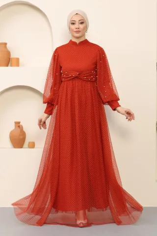 Perlen Detailed Tüll Abendkleid Ziegelrot