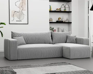 Ecksofa mit Schlaffunktion Sofa LUNA Stoff Poso Hellgrau Ottomane Rechts