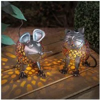 esotec Gartenfigur Metall Solar-Dekoleuchten Katze & Maus silber 3000K Gartendeko 103100, (Komplettset)