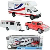 Toi-Toys Spielzeug-Auto Modellfahrzeug Set - Wohnmobil + Wohnwagen + Pick-Up-Truck, mit Rückzugmotor