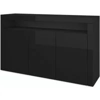 Vladon Sideboard Valencia (Sideboard, mit 3 Türen und 1 offenem Fach), Schwarz matt/Schwarz Hochglanz/Schwarz Hochglanz (155 x 92 x 40 cm)