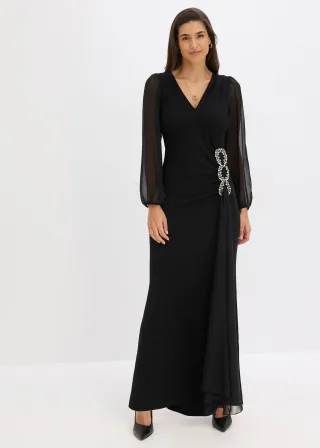 bonprix Maxikleid mit Strassstein-Applikation, schwarz, Gr.42, Modern und feminin: Abendkleid mit Ballon-Ärmel und Drapierung mit Strasstein-Applikation