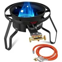 HOMELUX Gaskocher Hockerkocher 11,5 kW Gas mit Piezozündung, (3-St., mit Schlauch 150 cm und 700 mbar Gas Regler Druckminderer), 3 Bein Profi Gasbrenner Gusseisen für Camping Räucheröfen Wok Kocher