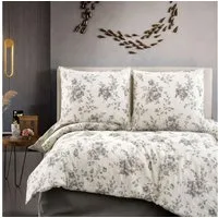 ZIRVEHOME Bettwäsche Baumwolle Bettwäsche-Set Beige Bettbezug Schwarz geblümt Evla V1, Renforce, 3 teilig, Baumwolle Bettbezug Beige mit Blumenmuster in Schwarztönen