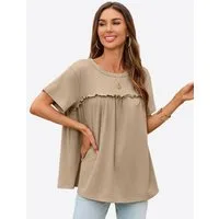 Imily Bela T-Shirt Damen mit Rüschen Rundhals Lässig Oberteil Alltag Freizeit (Packung, 1-tlg., 1per-Pack) mit Rundhalsausschnitt in Unifarbe