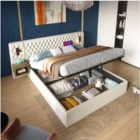 Flieks Polsterbett, Hydraulisches Doppelbett 160×200cm 2 Nachttische Leselicht USB-Laden
