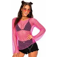 Das Kostümland Kostüm Neon Netzshirt Damen, Pink  80er Rave Disco Fes