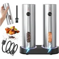 AIBISTAR Salz-/Pfeffermühle Elektrisch Pfeffermühle mit USB-C Ladestation,5 Stufen,220ml Elektrisch (wiederaufladbar über USB-C), Salzmühle 2er Set,110ml*2,LED-Beleuchtung