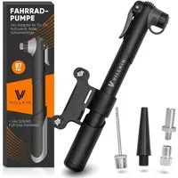 Villkin Fahrradpumpe, kleine Luftpumpe, Ballpumpe, Reifenpumpe, Handpumpe (22,5cm) (4-tlg., Befestigung für Fahrrad vorhanden), mehrere Adapter