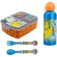 POKÉMON Lunchbox Pokemon Pikachu Kinder 4 tlg. Set, (Spar-Set), 3 Kammern Brotdose Gabel Löffel XL Alu-Flasche