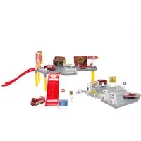 Bubble-Store Spiel-Parkgarage Garagen Spiel-Set Feuerwehr oder Polizeistation (2 Etagen mit 2 Rampen, 3 Transporter, Hubschrauber, Einsatzwagen, extra viel Zubehör u.a. 8 Straßenschilder, 2 Tankstellen, Waschstraße)