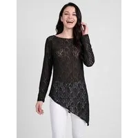 PEKIVESSA Spitzenshirt Langarm-Shirt aus Tüllspitze asymetrischer Schnitt