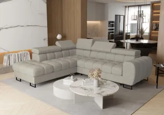 Ecksofa Schlafsofa BASTIEN MAX in Stoff Primo Beige Ottomane Links