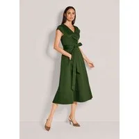 MADELEINE Maxikleid Sommerkleid mit V-Ausschnitt Midikleid mit Bindegürtel, Kurzarm und Wadenlänge