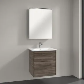 Villeroy & Boch Finero Badmöbel Set 60 cm, Stone Oak Waschtisch mit Waschtischunterschrank und Spiegelschrank