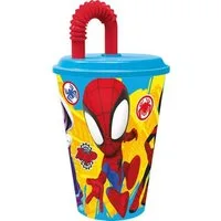 Spiderman Trinkflasche Spiderman Spidey Kunststoffbecher mit Strohhalm, 430 ml, Spidey Becher mit Strohhalm
