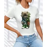 RMK T-Shirt Damen Shirt Top kurzarm Freizeit Rundhals Blume Garten "Cat Katze" aus Baumwolle