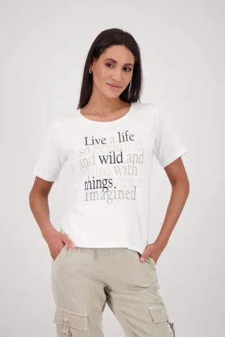 monari - T-Shirt mit Schriftzug und Strasssteinen - Gr. - 40