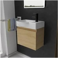 Alpenberger Badmöbel-Set - Gäste WC Waschbecken mit Unterschrank 45 cm Breit, (Badschrank 2-tlg., Waschtisch hängend), Waschbeckenunterschrank mit Softclose - Eiche Hell - Links Becken