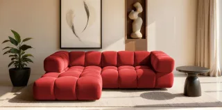 Ecksofa Designersofa BLANCHE in Stoff Bluvel Bordeauxrot Ottomane Links