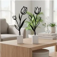 Levandeo® Dekoobjekt 2er Set Metall Blume Tulpe Schwarz Beton Grau Draht Deko Aufsteller Ti