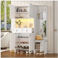 Flieks Garderoben-Set mit Led-Beleuchtung, Schuhschrank, Schuhbank und Spiegel, (1-St., 120x33,5x180 cm), Flurmöbel Kompaktgarderobe mit Schubladen, Haken Weiß
