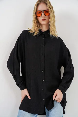 Übergroße Strukturierte Lange Bluse mit Hemdkragen