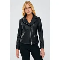 Derimod Lederjacke Stefania Biker-Lederjacke Regular Fit, Reißverschluss, Reverskragen, Normale Länge, Textilfutter