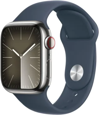 Apple Watch Series 9 [GPS + Cellular inkl. Sportarmband M/L sturmblau] 41mm Edelstahlgehäuse silber