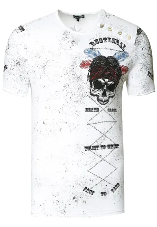 Verwaschenes Rundhals T-Shirt mit Knopfleiste und Prints