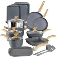 Kitchen Academy Topf-Set, Aluminium, Granit (17-tlg, Pfanne 20cm/28cm, Bratpfanne 24cm, Quadratische Bratpfanne 24cm/29cm, Kasserolle 1,5qt/3qt/5qt, 5qt Dampfgarer, 2 Backform, 2 Silikonspatel), Induktions Töpfe Set 17-teilig Kochtopf Set mit Glasdec