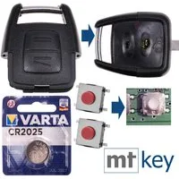 mt-key Auto Schlüssel Reparatur Gehäuse 2 Tasten + 2x Taster + VARTA CR2025 Knopfzelle, CR2025 (3 V), für Opel Astra G Zafira A Omega B Vetra B Funk Fernbedienung