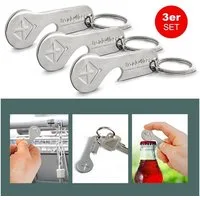 EAXUS Schlüsselanhänger 2in1 Einkaufswagenlöser mit Flaschenöffner aus Edelstahl (3-tlg), Rostfreier Einkaufswagenchip - Einkaufschip
