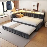 Merax Daybett 90x200cm Schlafsofa mit LED-Beleuchtung & USB-Anschluss (Sofabett Jugendbett Kinderbett, 1 tlg), Polsterbett Samtstoff Tagesbett mit Ausziehbett Stauraum Ablagefächern