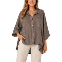dy_mode Hemdbluse Damen Leinenbluse Oversize Hemdbluse Kurzarm Tunika Vokuhila in Unifarben, Oversized Optik, Vokuhila-Schnitt